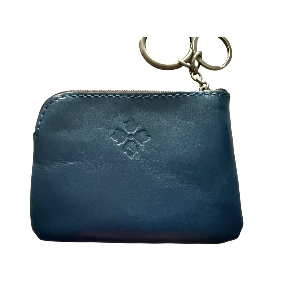 Patricia Nash Teal Blue Leather Coin Purse Keychain Zip Pouch Floret Logo
